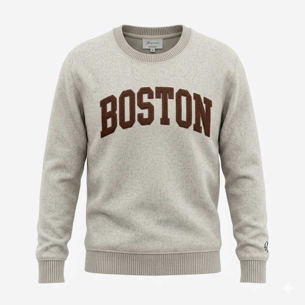 NEW Mens LARGE New York Popular Boston Fleece Pullover Sweater Oatmeal - AC